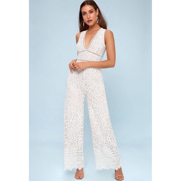 Lulus Amora White Lace Jumpsuit Women's Wide Leg Size Small Party Coctel - Picture 3 of 10